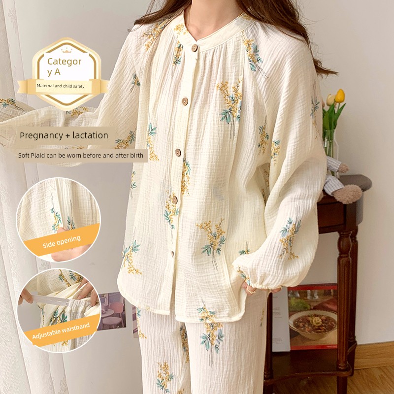 Cotton Confinement Clothing Cotton Pajamas for Pregnant Women Spring & Fall Maternity Pure Cotton Sweat Absorbing Summer Thin August Homewear — 4