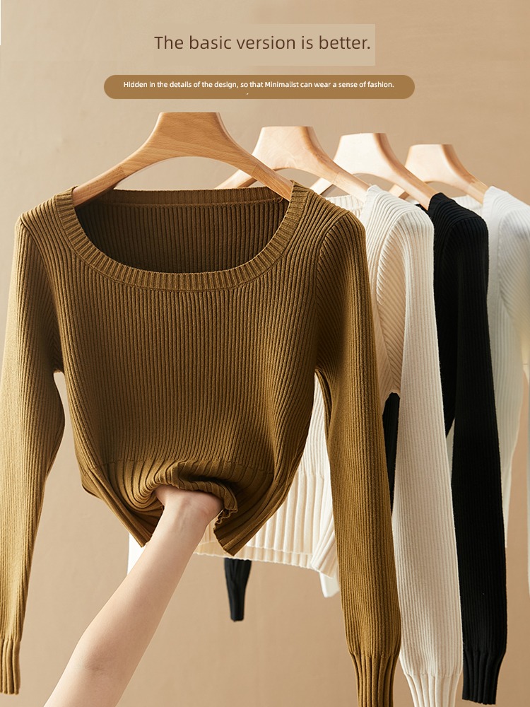 square neck Inner lap white Self-cultivation Long sleeve jacket Sweater