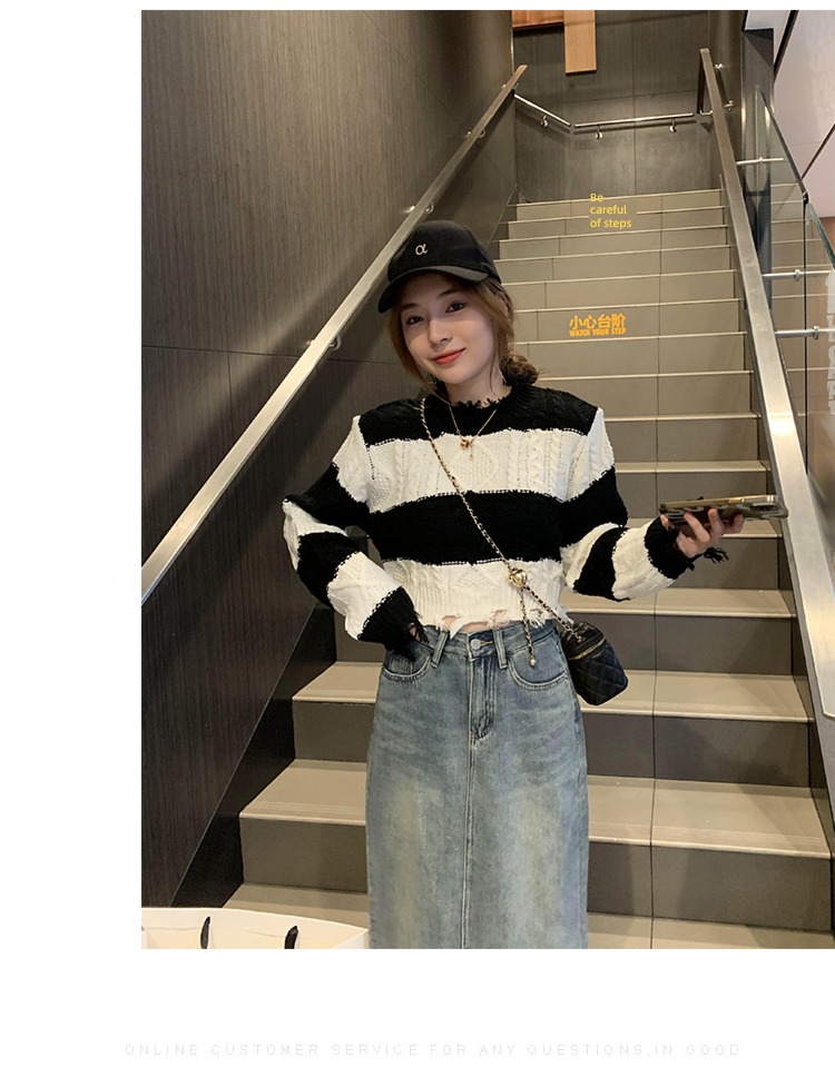 Languid High waist knitting easy Exposed navel Color matching sweater