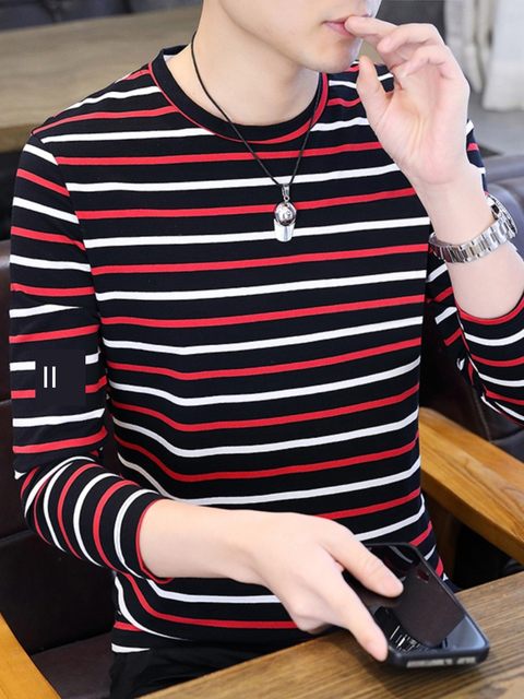 Men Striped Autumn Clothes Casual Cotton Long Sleeves T-shirt