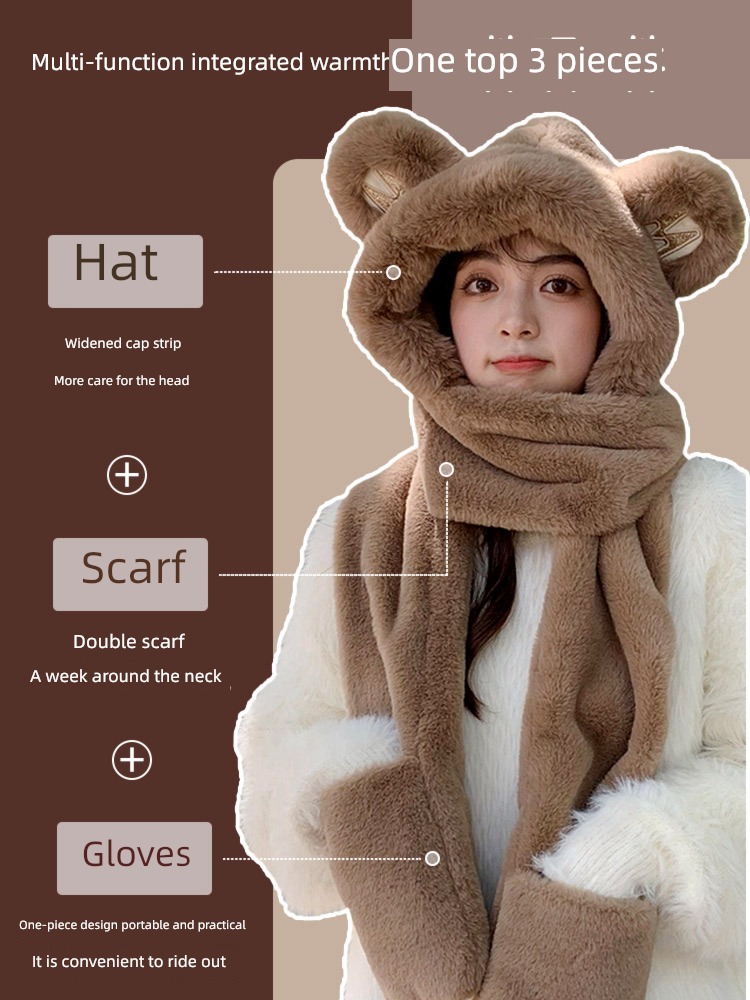 winter Bear Hat female lovely Plush keep warm scarf