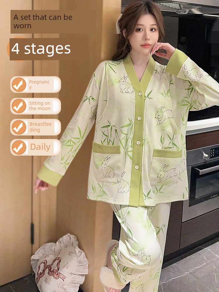Pure Cotton Postpartum Clothing, Autumn and Winter Postpartum Nursing Pajamas for Women, Special for Breastfeeding, Spring and Autumn Maternity Home Wear, — 4