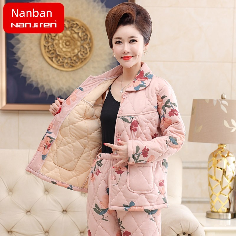 winter thickening Cotton clip mom Middle aged and elderly suit pajamas