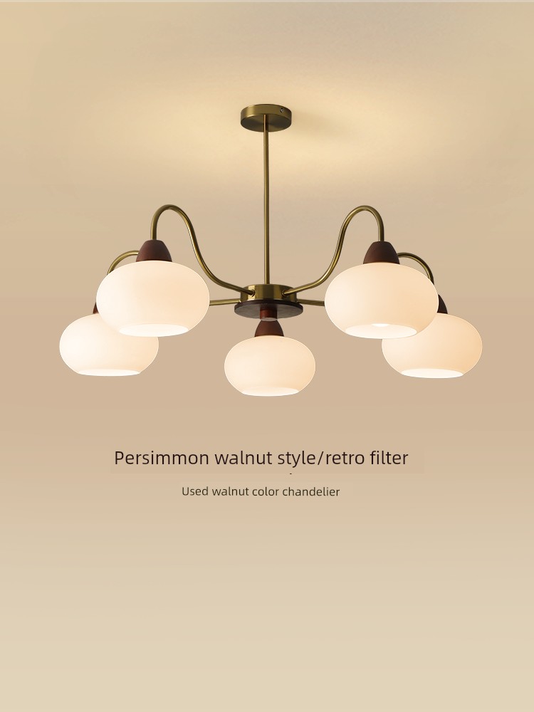 Restaurant Chandelier French Mid-Century Style Retro New Chinese Style Solid Wood Persimmon Glass Living Room Bedroom Hall Lamp R335