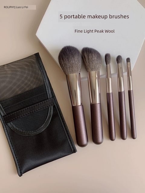 Portable 5-pin wool makeup brush set small animal blush brush super soft makeup tool storage bag