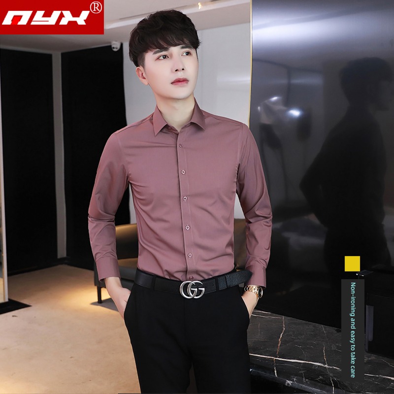 claret leisure time Long sleeve elastic force Self-cultivation handsome shirt