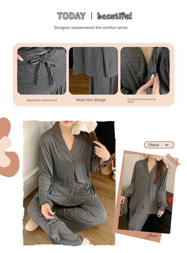 Free Hairband with Modal Maternity Pajamas for Women, Spring and Autumn Cool Nursing Postpartum Wear, Summer Thin Style with Breast Pads for Home Use — 9