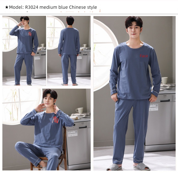 male Long sleeve Cotton Big size Autumn  summer suit pajamas