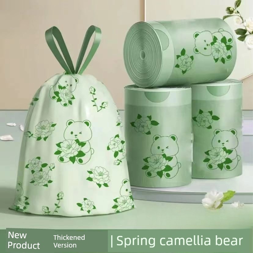 Drawstring Double-Sided 2.0 Silk Garbage Bags with Camellia Fragrance and Cartoon Print, Thickened Household Cleaning Bags, Plastic Bags