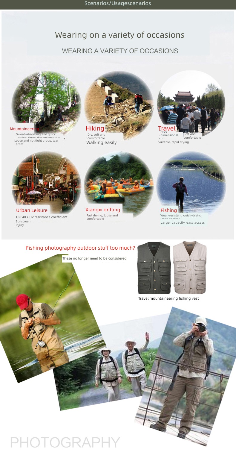 Cotton outdoors Middle aged and elderly man spring and autumn Multiple pockets Photography Vest easy vest washing pure cotton go fishing Vest