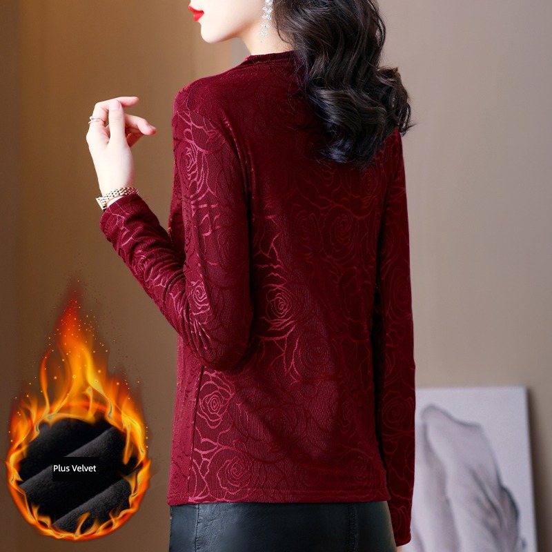 Autumn and winter Gauze Long sleeve T-shirt Plush keep warm Lace