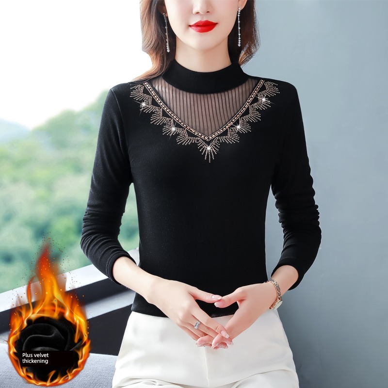 Half high collar Lace Hot drilling Long sleeve T-shirt ma'am Autumn and winter Inner lap thickening keep warm jacket Big size Plush Undershirt