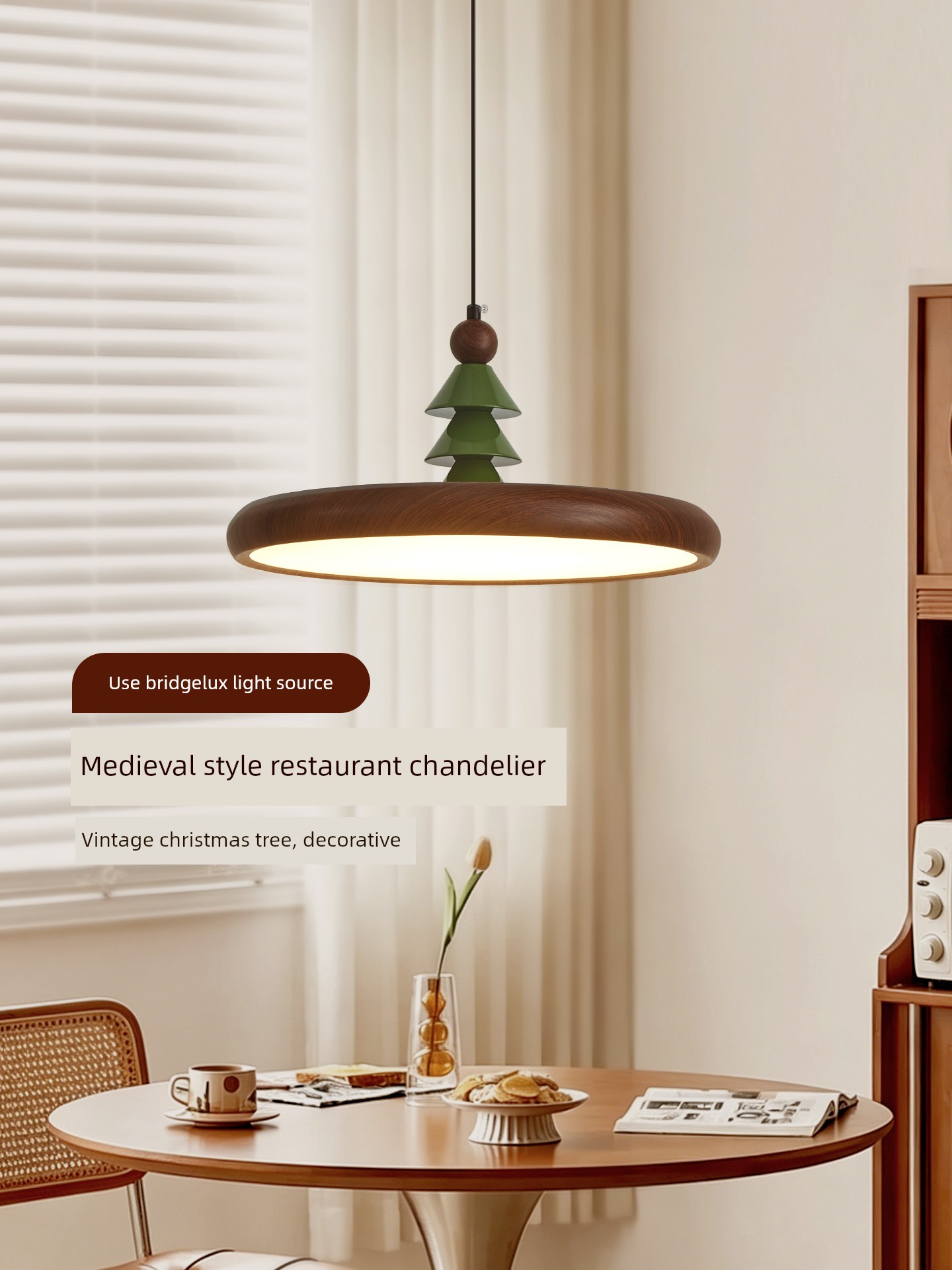 Restaurant Chandelier in Antique Style, Peach Wood Color, Retro Creative Christmas Tree Dining Room Table Bar Lighting Fixture 668E
