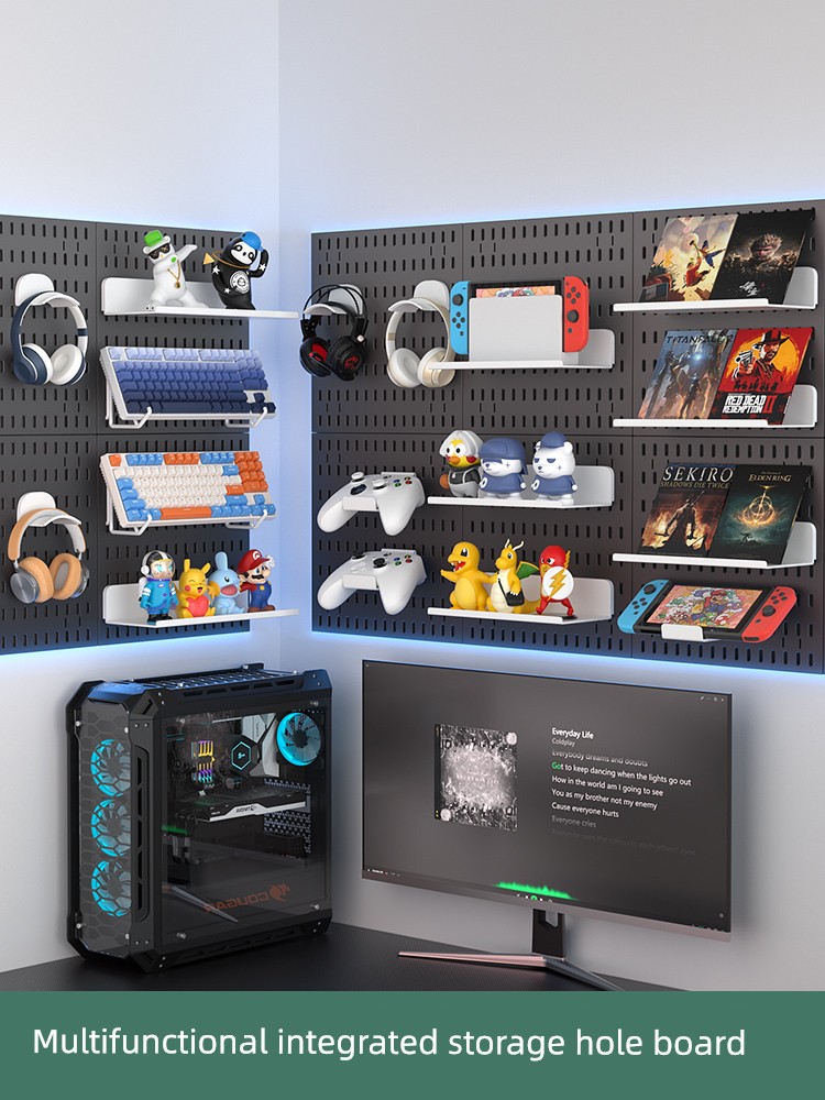 Gaming Room Pegboard Black Wall-Mounted Handle and Headphone Stand Keyboard Display Rack Wall Decoration Storage Shelf