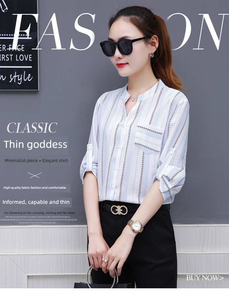 stripe easy summer jacket Middle sleeve Chiffon shirt