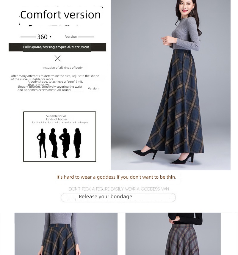 Wool lattice Retro Big size High waist Show thin Medium length skirt