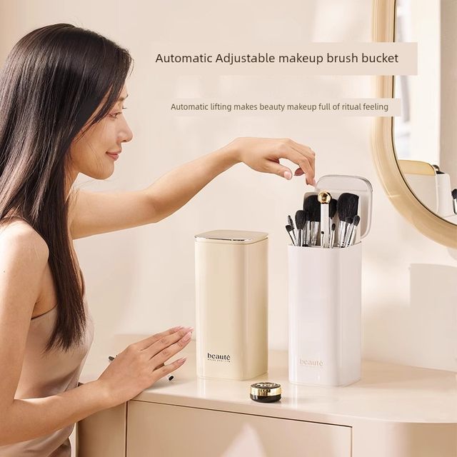 Automatic lifting makeup brush storage cylinder pressing dustproof high-quality desktop cosmetic storage box eyebrow brush bucket
