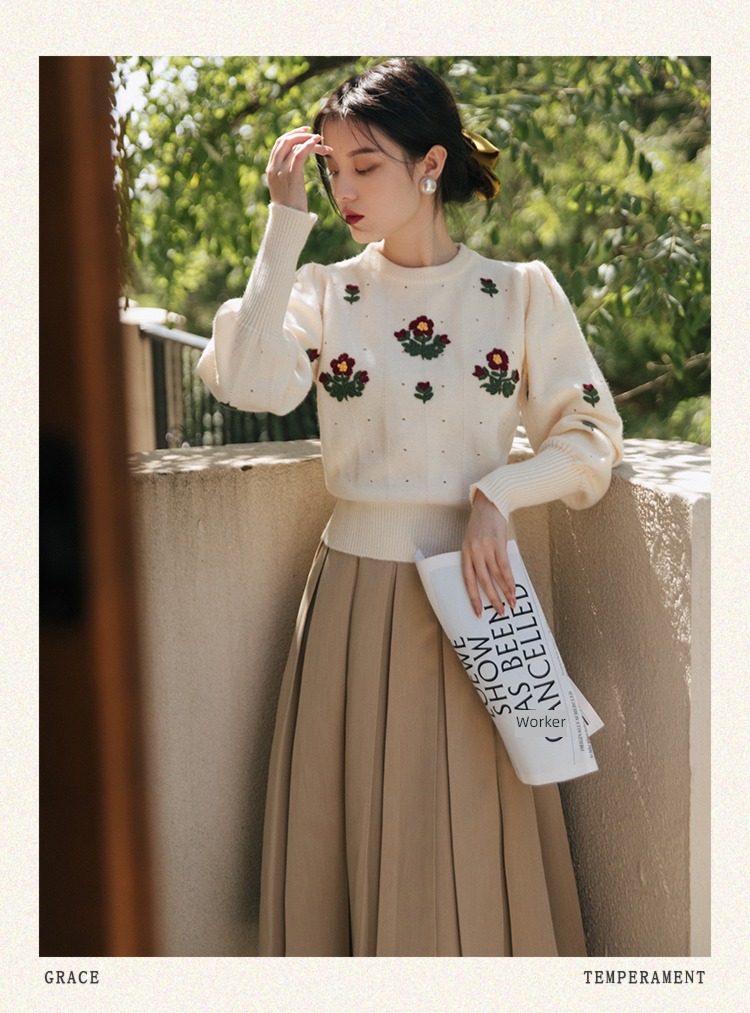 French Pleat Autumn and winter Gentle wind Embroidery Dress