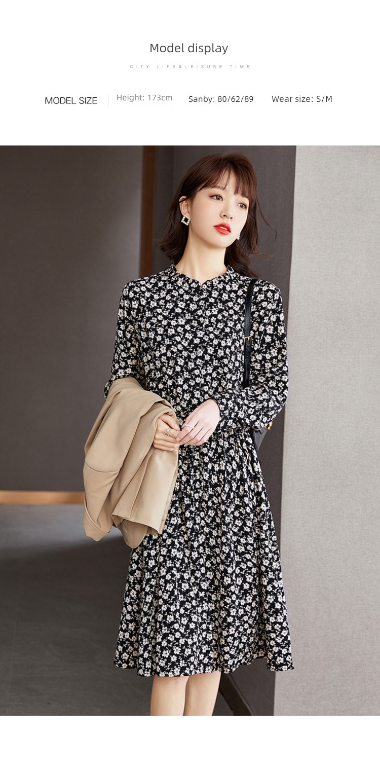 Age reduction Long sleeve Autumn clothes French Chiffon Broken flower Dress
