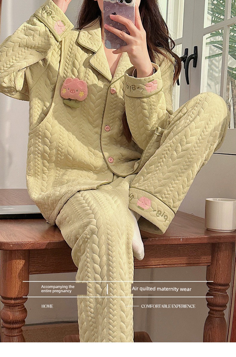 Maternity Pajamas Autumn and Winter Style Thickened Three-Layer Pure Cotton Warm Postpartum Nursing Home Wear Maternity Set — 15