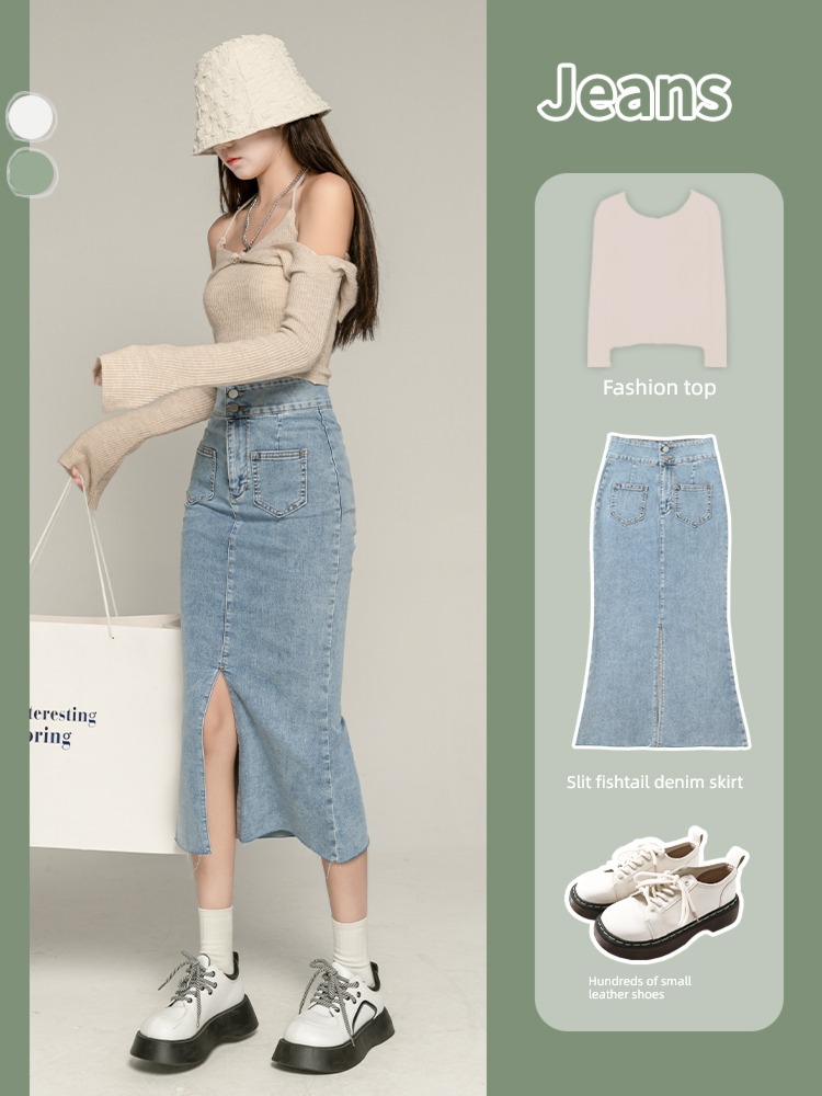 spring and autumn Medium and long term little chap Fork Buttocks Denim skirt