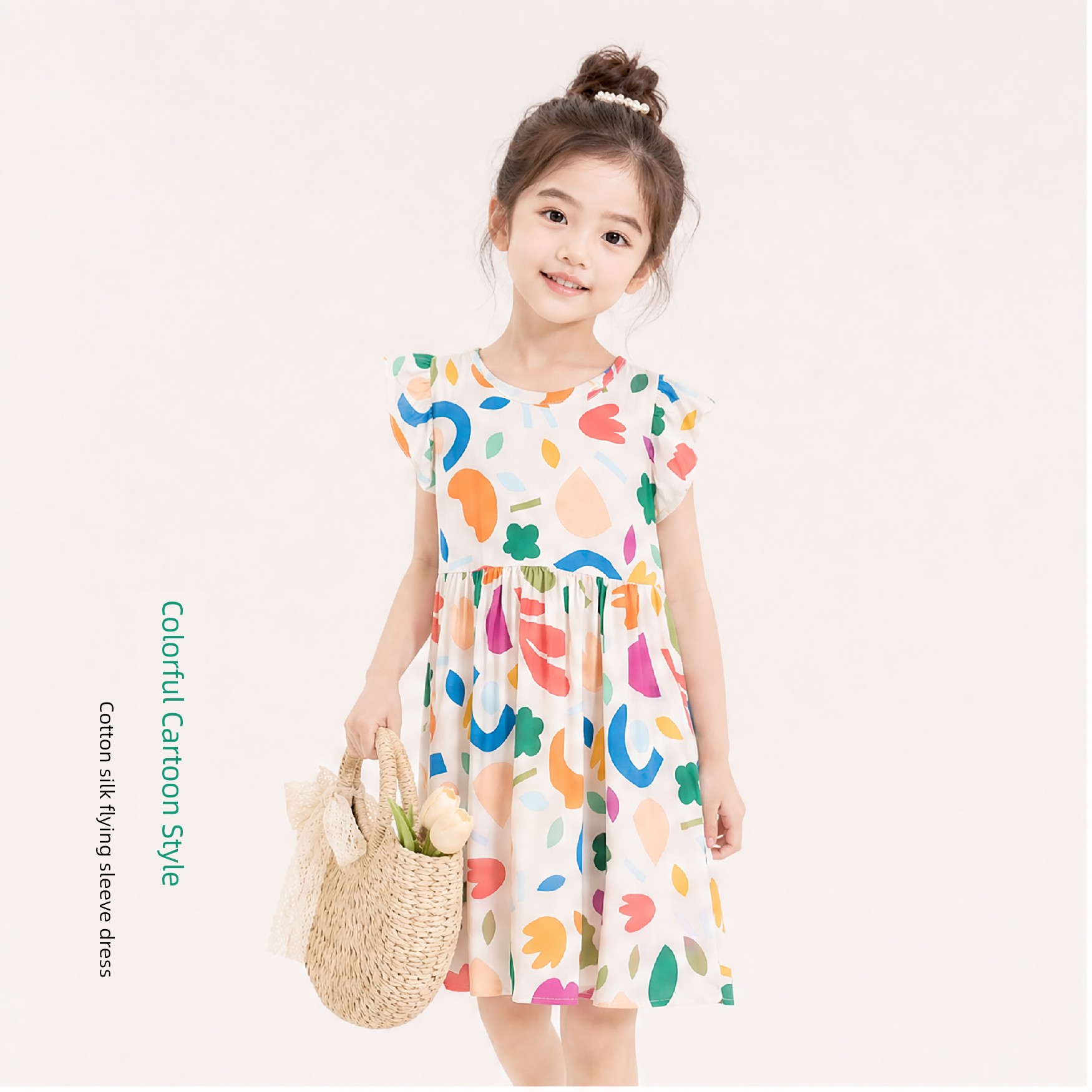 Summer Flying Sleeve Floral Children's Noil Poplin Dress — 3