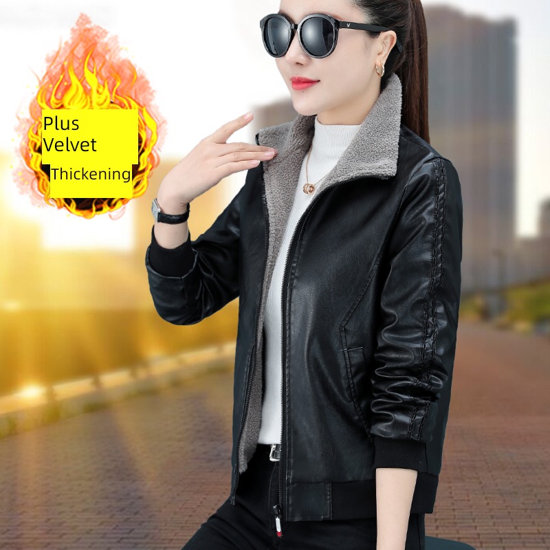 loose coat female Plush have cash less than that is registered in the accounts Big size middle age mom leather clothing