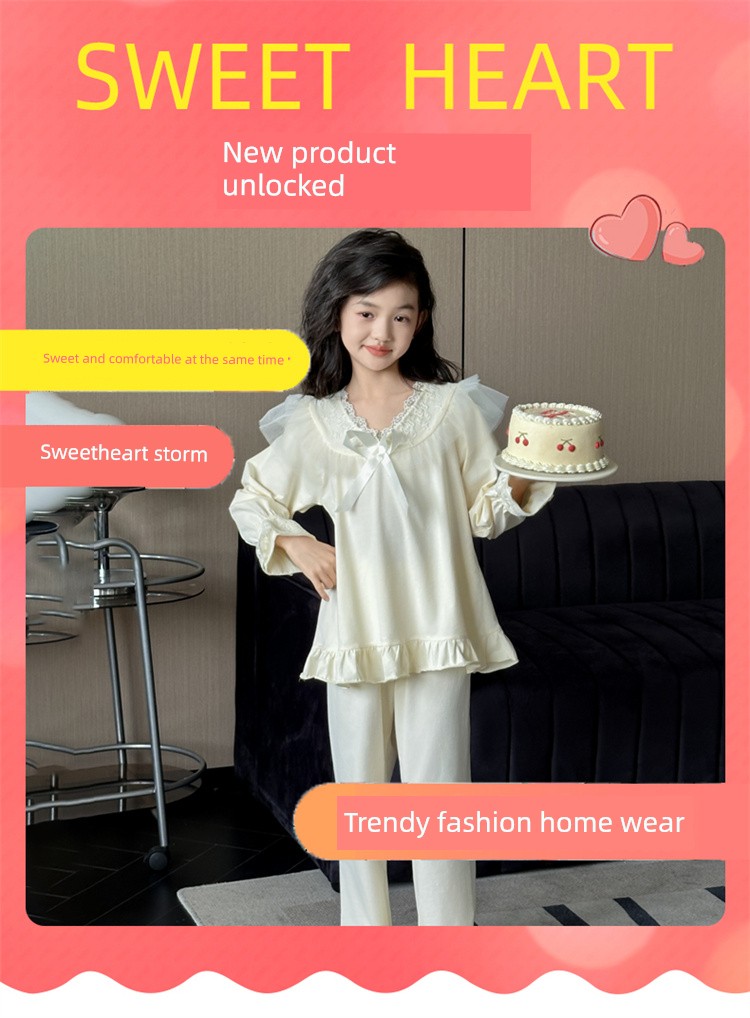 Children's Pajamas Spring and Autumn Pure Cotton 2026 New Style Big Girls' Home Wear Autumn Long-Sleeve Kids' All-Cotton Set Stylish — 3