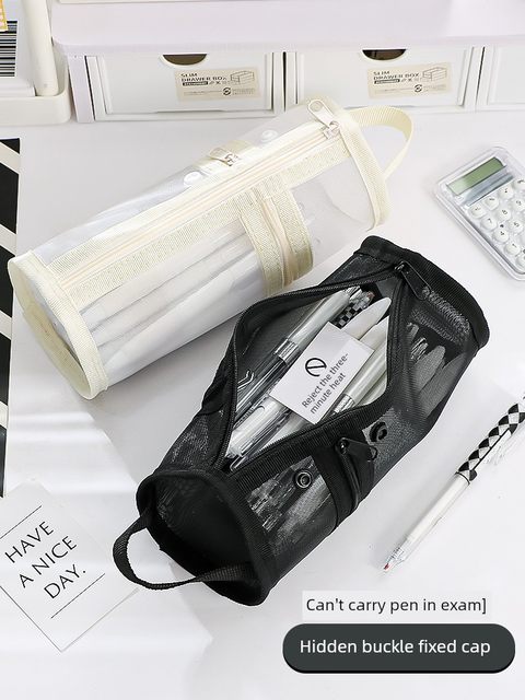 Mesh cylinder pencil bag pen holder stationery bag 2025 new student dual-purpose pencil bag large capacity multi-function transparent can enter the examination room for the college entrance examination special storage bag for three-dimensional simple handheld trumpet