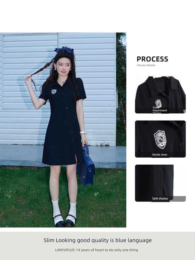Blue language Fat sister mm leisure time Polo collar Dress
