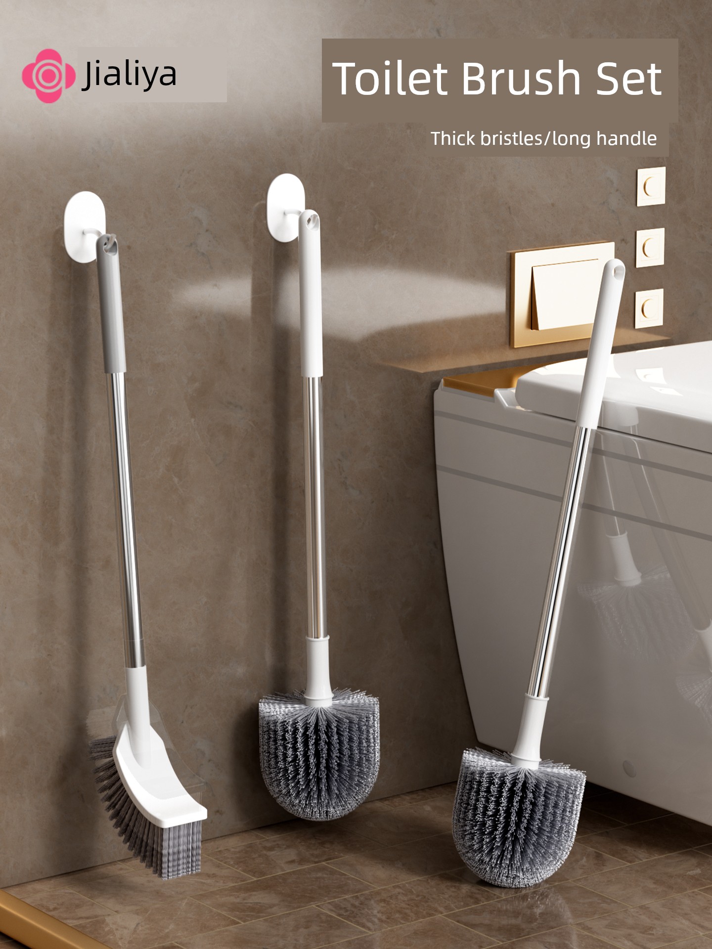 Jialiya Toilet Brush for Home Use, No Dead Angle Bathroom Cleaning, Wall-Mounted, No Drilling Required, Long-Handled Toilet Cleaning Tool