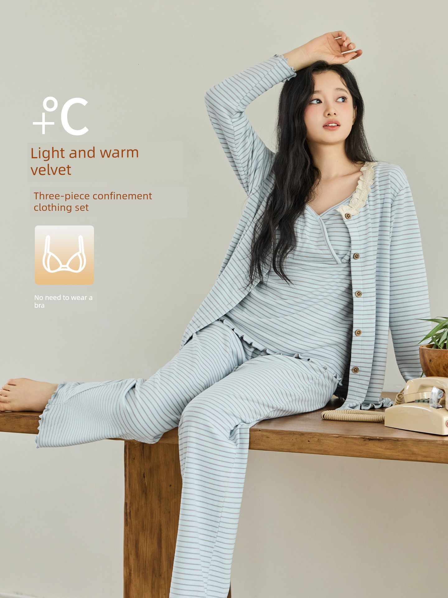 Jiaying Aidi Maternity Pajamas Three-Piece Set with Chest Pads, Autumn and Winter Postpartum German Velvet Nursing Sleepwear, Spring and Autumn Maternity Homewear