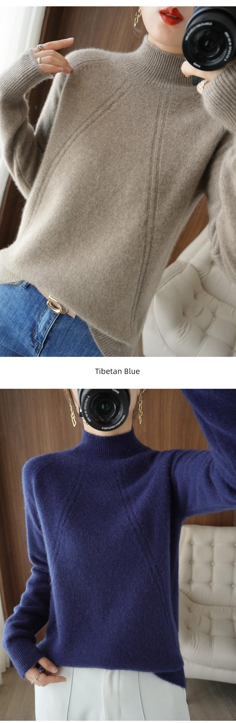 Plush thickening knitting Half high collar Foreign style ma'am sweater
