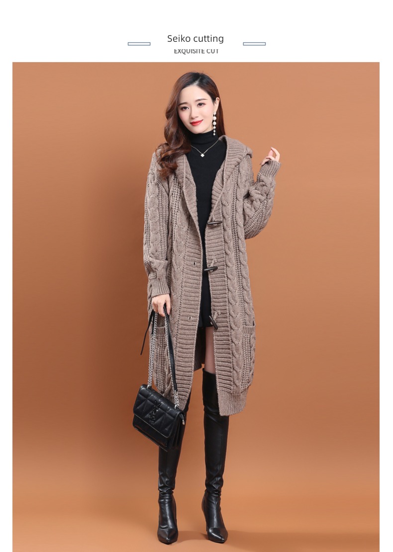 loose coat female With pocket Hemp flowers Hooded Cardigan Ox horn buckle