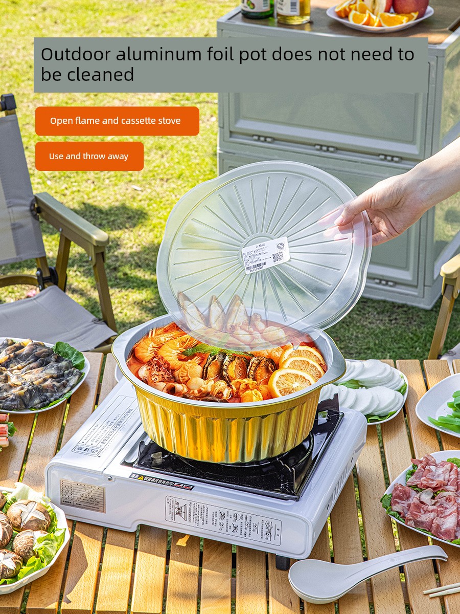 Disposable Outdoor Cookware with Lid, Tin Foil Pot, Thickened Vegetable Washing Basin, Camping Household Cassette Stove Special Small Hot Pot
