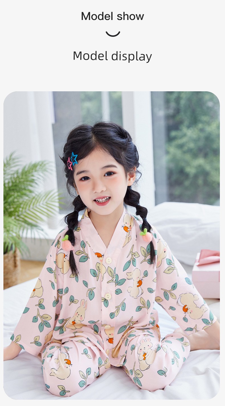Summer Thin Cotton Silk Pajamas for Children, Three-Quarter Sleeve Home Wear Set, Simple Style for Baby Boys and Girls, Suitable for Older Children — 9