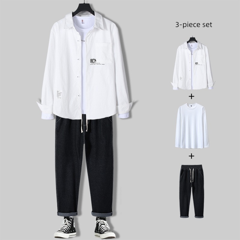 leisure time Straight cylinder Jeans a set collocation Long sleeve shirt