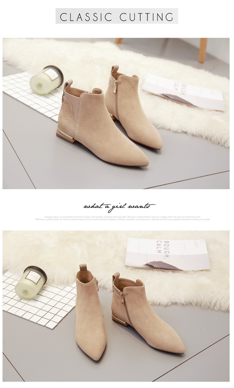 Little heel spring and autumn Sharp point Flat bottom suede  Versatile Short boots
