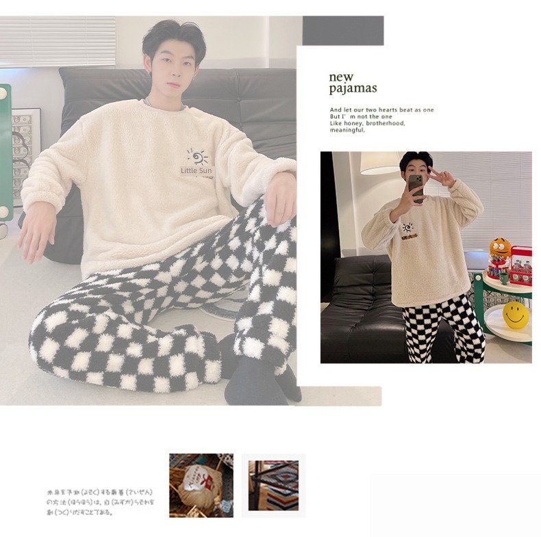 thickening Coral velvet Cartoon Embroidery Winter money lovers pajamas