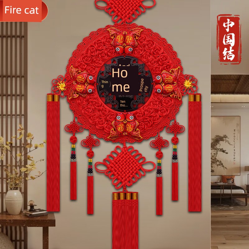 Handmade New Chinese Knot Pendant, Large High-End Fortune Symbol Peach Wood Home Protection Ornament for Living Room Entrance Background Wall, Housewarming Decoration