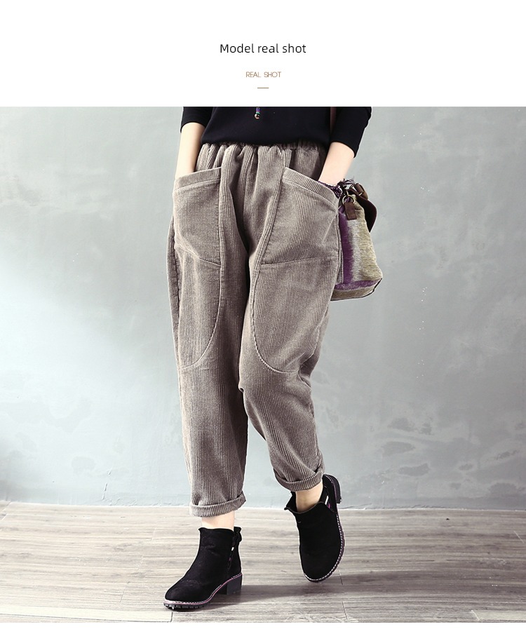 Elastic waist Big pocket leisure time thick corduroy trousers