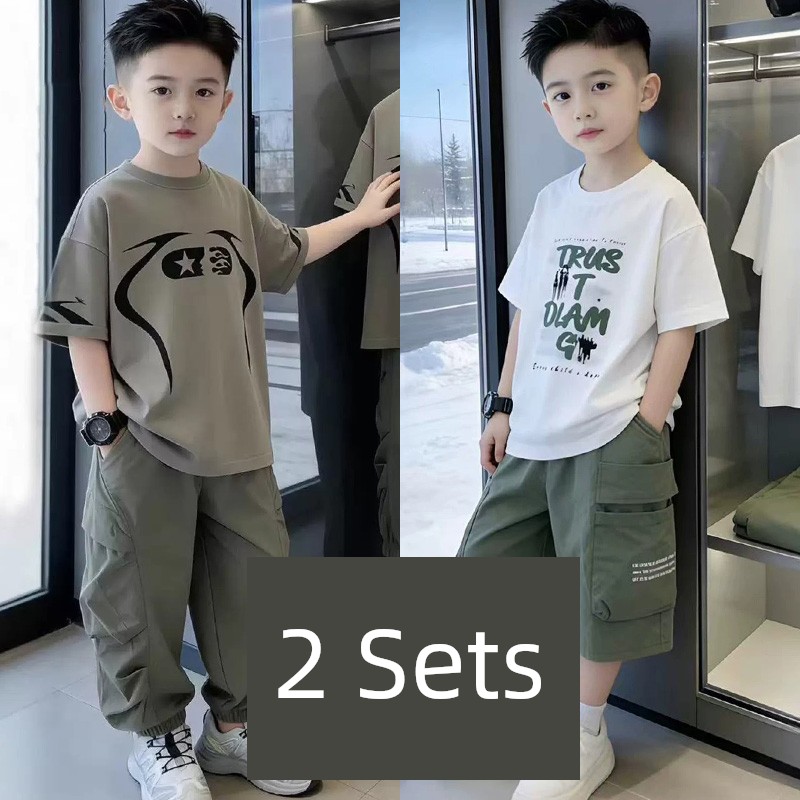 Boys' Short-Sleeve T-Shirt Set 2026 New Trendy Street Style Cool Children's Summer Outfit Boys' Clothing Big Kids Summer Two-Piece Set — 3