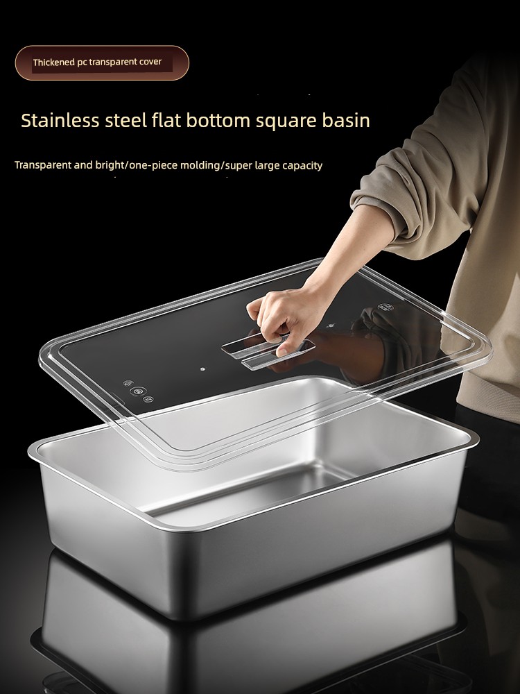 Rectangular Thickened Stainless Steel Flat-Bottomed Square Basin with Transparent Lid for Display at Stalls, Buffet Serving Basin, Food Basin