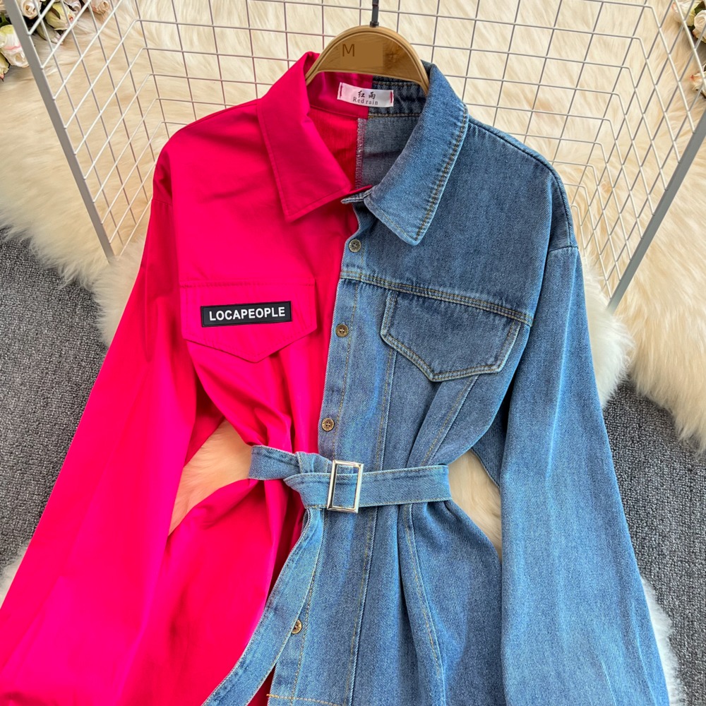 chic With belt Color matching leisure time jacket cowboy shirt
