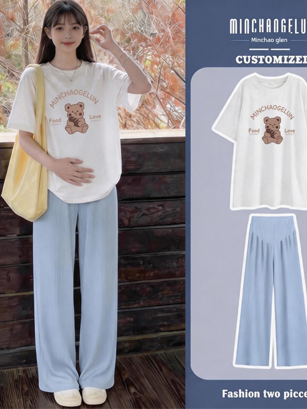 Maternity Suit for Summer Outings, Korean Style, Stylish Pure Cotton Short-Sleeved Top, Loose Casual Belly-Supporting Wide-Leg Pants Two-Piece Set — 5