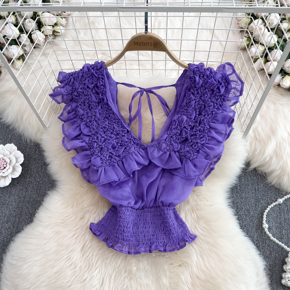 V-neck Flying sleeve backless fold Foreign style Chiffon shirt