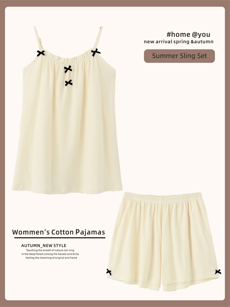 female pure cotton Cardigan Doll Collar camisole Seven piece set pajamas