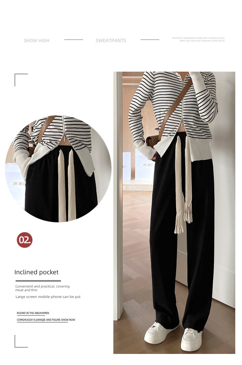Spring and Autumn High waist easy Straight cylinder leisure time Women's trousers Drawstring