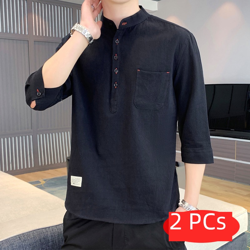 three quarter sleeve man stand collar shirt Chinese style flax