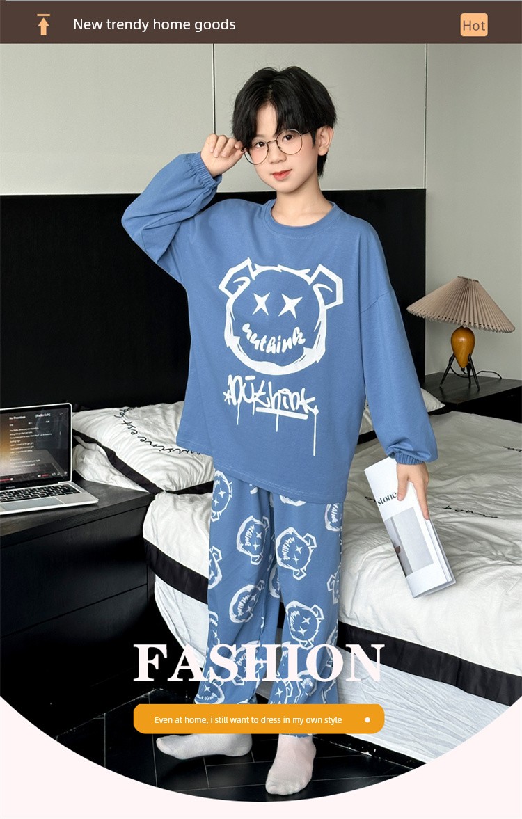 Cotton Boys' Pajamas for Spring and Autumn, Pure Cotton Long-Sleeved Plus-Size, Suitable for Wearing Outside, Autumn Style, Youth Student Loungewear — 3